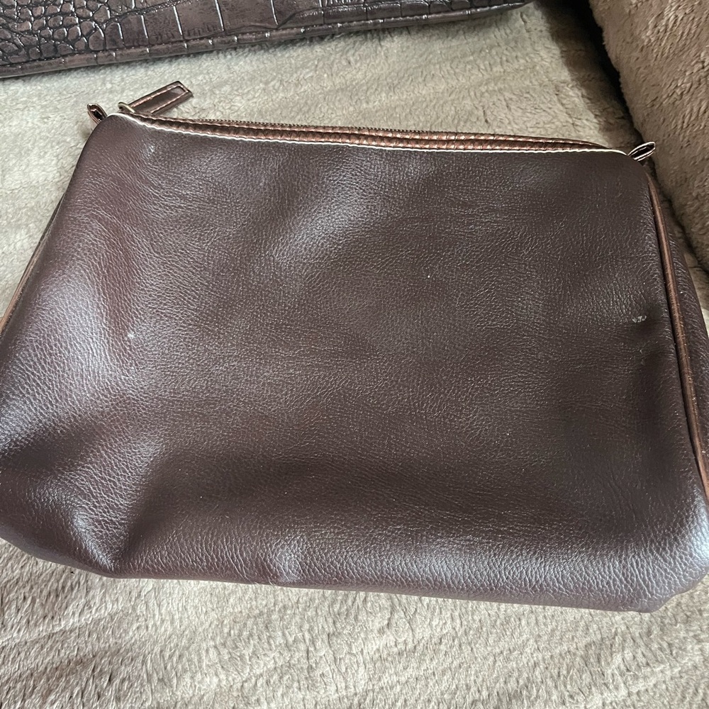 Brown Faux Leather Tote Bag Set, Includes Wallet and Cosmetic Bag - Picture 3 of 11